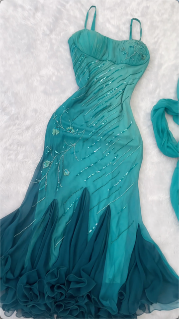 Blue Ombre Mermaid Spaghetti Strap Beaded Sequin Chiffon Prom Dress Graduation Prom Dress HZ1023